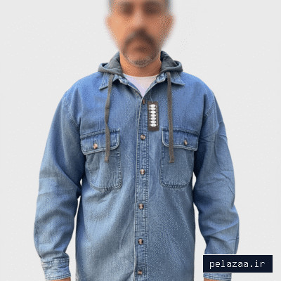 کت شومیز (Shacket) جین آبی مردانه با کلاه و آستر داخلی رنگی (قرمز و مشکی) - poshakclub گرگان